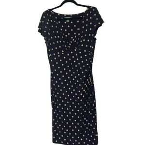 Ralph Lauren LAUREN Flutter Sleeve Sheath Dress Black & Tan Polka Dots Size 12